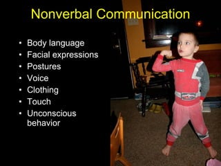 Nonverbal Communication Body language  Facial expressions Postures Voice  Clothing Touch Un conscious  behavior 