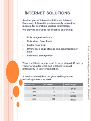 Printing solutionsHow we can save printing cost ?Printing multiple pages on single paper.Double Side Printing ( Even if your printer does not support it)By Removing Graphics, which saves large amount of ink. By changing print settingsBy saving print tasks ( Print only when required or not print at all)Sharing data in digital format like PDF’s.Using Stamp sets so one can easily organize printed data to avoid duplicate prints.Inbuilt letterheads saves further cost.	If we go by our system, any organization can save upto 50% of their printing cost. Email : advance.excel@gmail.com  Phone: +91 9970054180