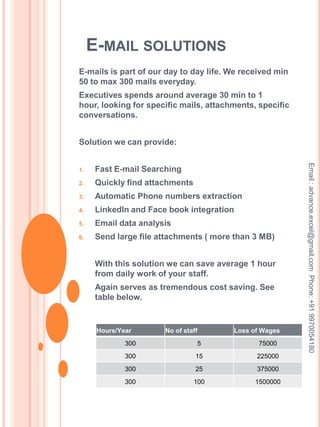 scanning solutionsMost of the organizations nowadays share data online. Thus scanning process is really in demand. But it is very lengthy process and does required a lot of time depending upon the resolution you want.It is very common that your high paid employees are involved in such low skill task as most of the time scanning is required for more important documents.With Our Solution:Scanning task can completed in 50% lesser time.You can scan more documents.One can scan broachers, visiting cards and other important documents, so they can be store online and quickly accessible.Email : advance.excel@gmail.com  Phone: +91 9970054180