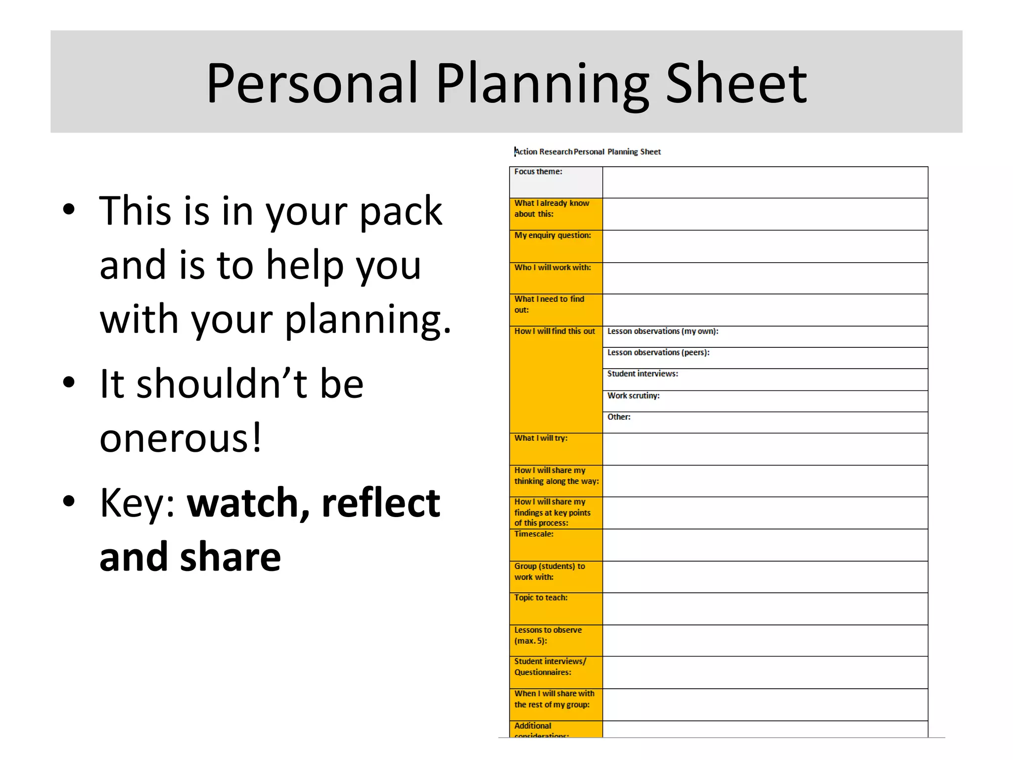 Personal Planning Sheet
• This is in your pack
and is to help you
with your planning.
• It shouldn’t be
onerous!
• Key: watch, reflect
and share
 