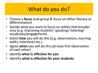 What do you do?
• Choose a focus (sub-group & focus on either literacy or
differentiation)
• Decide what you want to focus on within that broader
area (e.g. improving students’ speaking/ listening/
vocabulary/engagement)
• Select how you will do this (e.g. observations, learning
walks, interviews etc.)
• Agree when you will do this (at least first observation
of each other)
• Identify what is effective for you
• Identify what is effective for your students
 