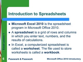 Excel Lesson 1 
Introduction to Spreadsheets 
 Microsoft Excel 2010 is the spreadsheet 
program in Microsoft Office 2010. 
 A spreadsheet is a grid of rows and columns 
in which you enter text, numbers, and the 
results of calculations. 
 In Excel, a computerized spreadsheet is 
called a worksheet. The file used to store 
worksheets is called a workbook. 
Pasewark & Pasewark Microsoft Office 2010 Introductory 
6 
 