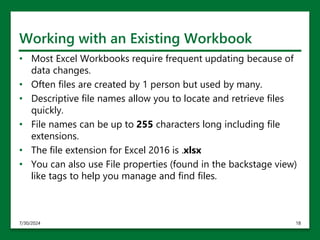 Working with an Existing Workbook
• Most Excel Workbooks require frequent updating because of
data changes.
• Often files are created by 1 person but used by many.
• Descriptive file names allow you to locate and retrieve files
quickly.
• File names can be up to 255 characters long including file
extensions.
• The file extension for Excel 2016 is .xlsx
• You can also use File properties (found in the backstage view)
like tags to help you manage and find files.
7/30/2024 18
 