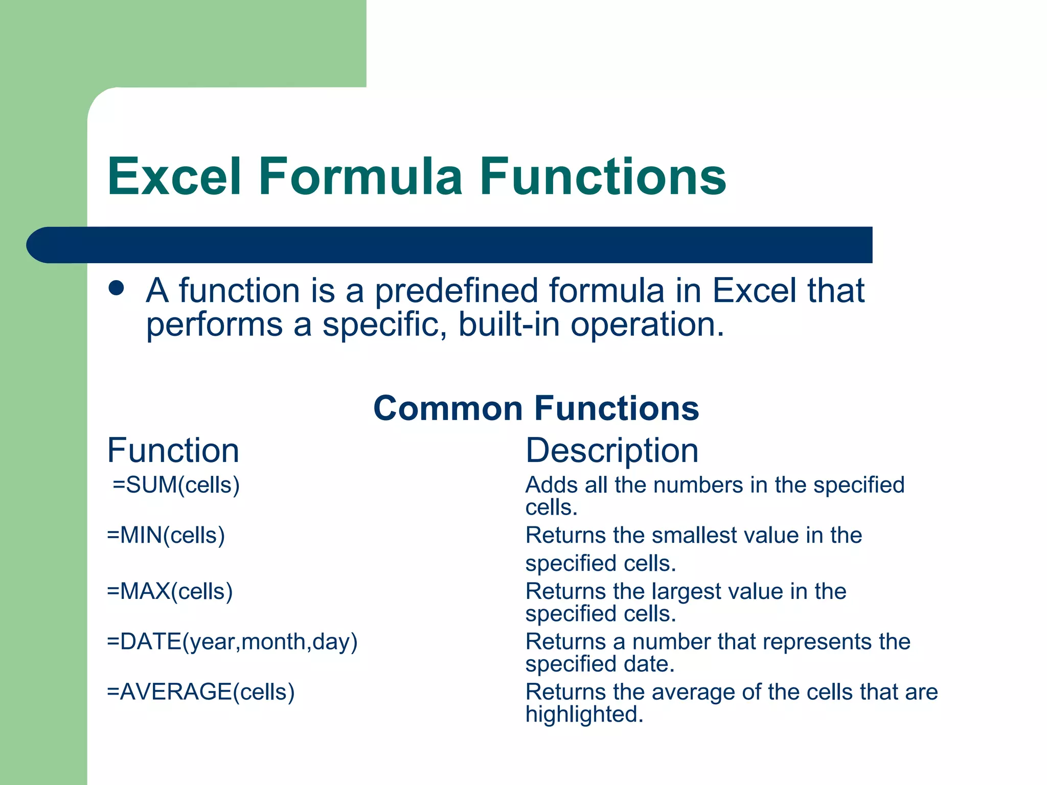Excel Formula Functions A function is a predefined formula in Excel that performs a specific, built-in operation. Common Functions Function Description =SUM(cells) Adds all the numbers in the specified cells. =MIN(cells) Returns the smallest value in the specified cells. =MAX(cells) Returns the largest value in the specified cells. =DATE(year,month,day) Returns a number that represents the specified date. =AVERAGE(cells) Returns the average of the cells that are highlighted.