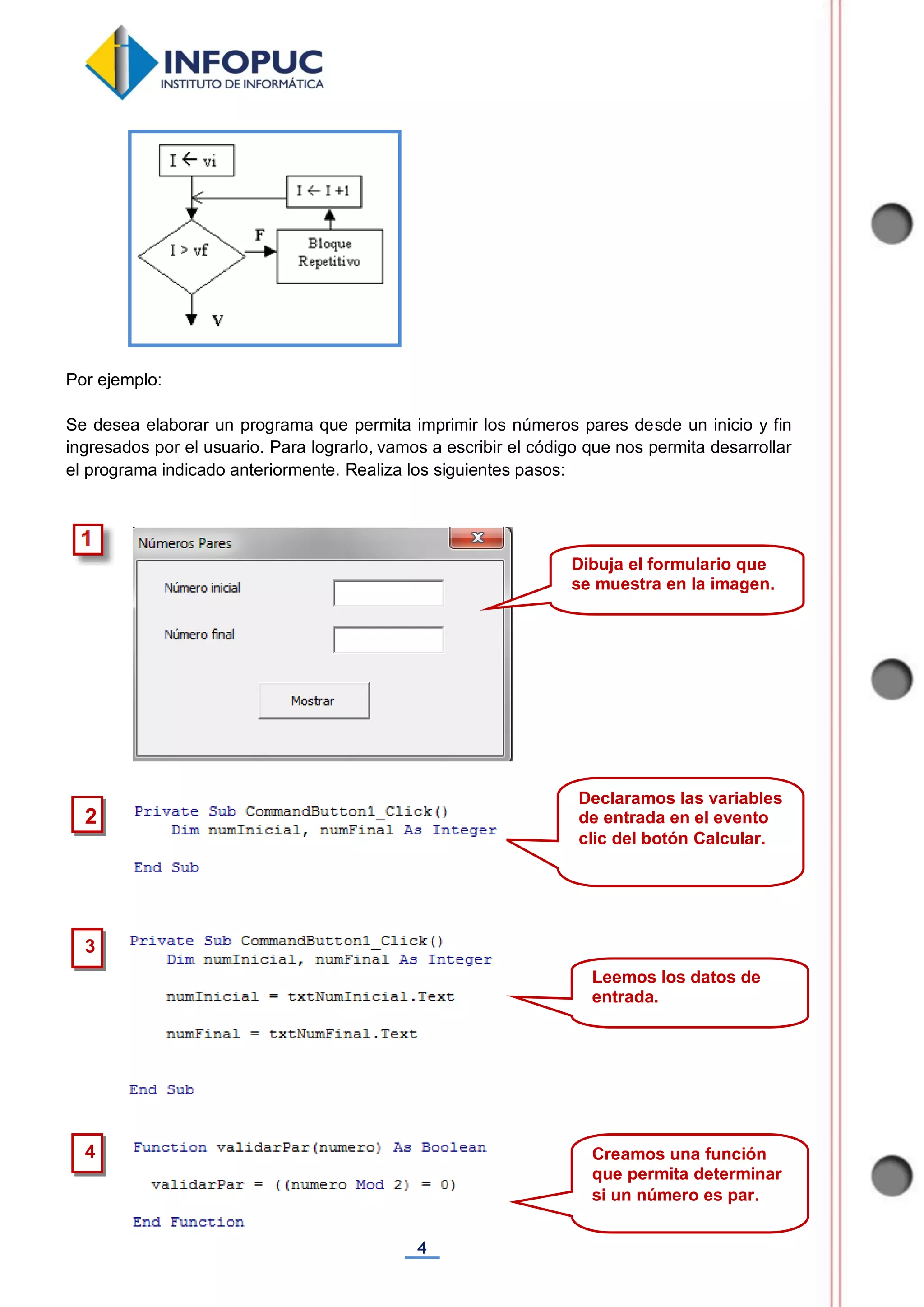 4
Por ejemplo:
Se desea elaborar un programa que permita imprimir los números pares desde un inicio y fin
ingresados por el usuario. Para lograrlo, vamos a escribir el código que nos permita desarrollar
el programa indicado anteriormente. Realiza los siguientes pasos:
3
2
Declaramos las variables
de entrada en el evento
clic del botón Calcular.
Leemos los datos de
entrada.
Dibuja el formulario que
se muestra en la imagen.
4 Creamos una función
que permita determinar
si un número es par.
 