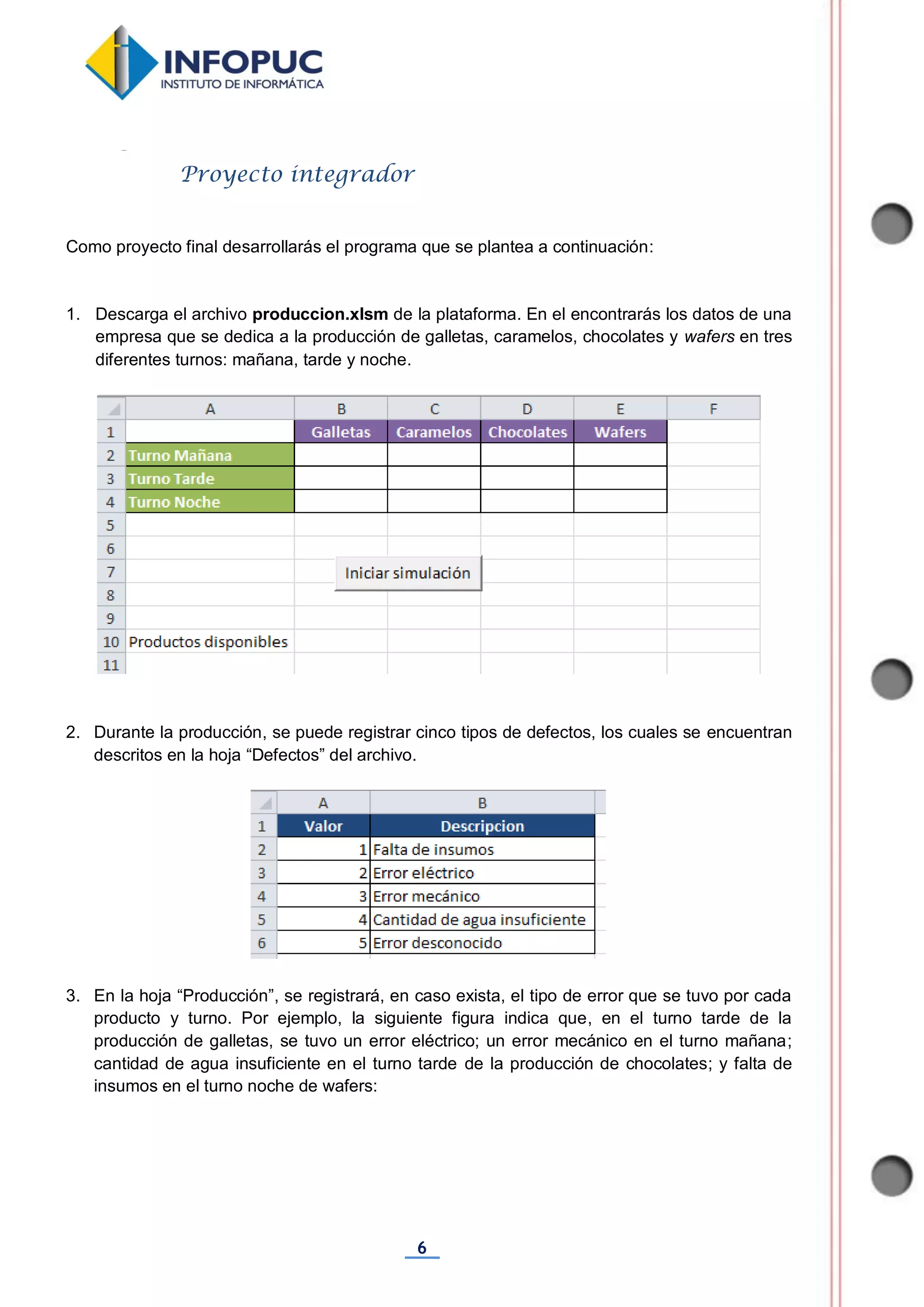 6
Como proyecto final desarrollarás el programa que se plantea a continuación:
1. Descarga el archivo produccion.xlsm de la plataforma. En el encontrarás los datos de una
empresa que se dedica a la producción de galletas, caramelos, chocolates y wafers en tres
diferentes turnos: mañana, tarde y noche.
2. Durante la producción, se puede registrar cinco tipos de defectos, los cuales se encuentran
descritos en la hoja “Defectos” del archivo.
3. En la hoja “Producción”, se registrará, en caso exista, el tipo de error que se tuvo por cada
producto y turno. Por ejemplo, la siguiente figura indica que, en el turno tarde de la
producción de galletas, se tuvo un error eléctrico; un error mecánico en el turno mañana;
cantidad de agua insuficiente en el turno tarde de la producción de chocolates; y falta de
insumos en el turno noche de wafers:
Proyecto integrador
 