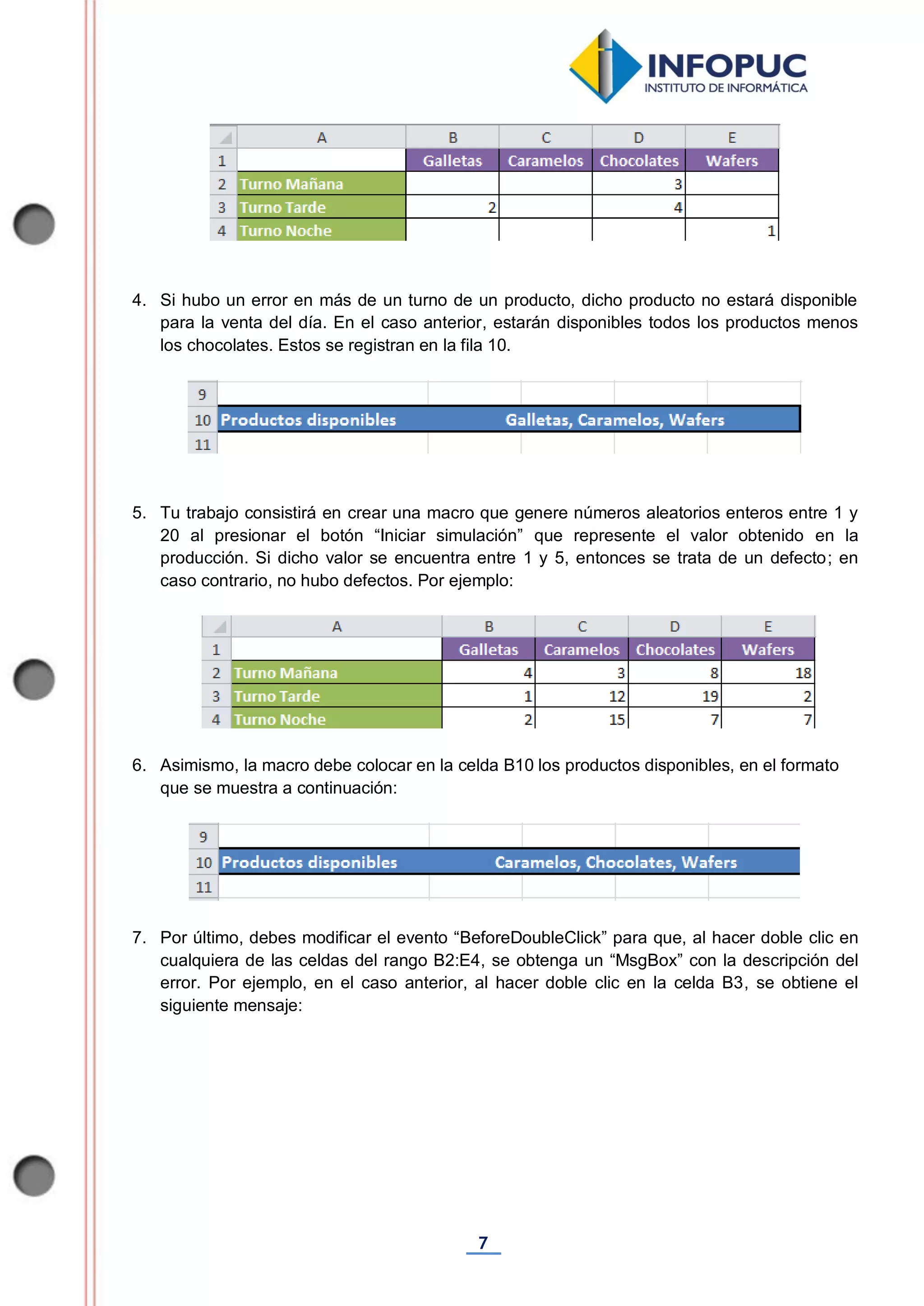 7
4. Si hubo un error en más de un turno de un producto, dicho producto no estará disponible
para la venta del día. En el caso anterior, estarán disponibles todos los productos menos
los chocolates. Estos se registran en la fila 10.
5. Tu trabajo consistirá en crear una macro que genere números aleatorios enteros entre 1 y
20 al presionar el botón “Iniciar simulación” que represente el valor obtenido en la
producción. Si dicho valor se encuentra entre 1 y 5, entonces se trata de un defecto; en
caso contrario, no hubo defectos. Por ejemplo:
6. Asimismo, la macro debe colocar en la celda B10 los productos disponibles, en el formato
que se muestra a continuación:
7. Por último, debes modificar el evento “BeforeDoubleClick” para que, al hacer doble clic en
cualquiera de las celdas del rango B2:E4, se obtenga un “MsgBox” con la descripción del
error. Por ejemplo, en el caso anterior, al hacer doble clic en la celda B3, se obtiene el
siguiente mensaje:
 