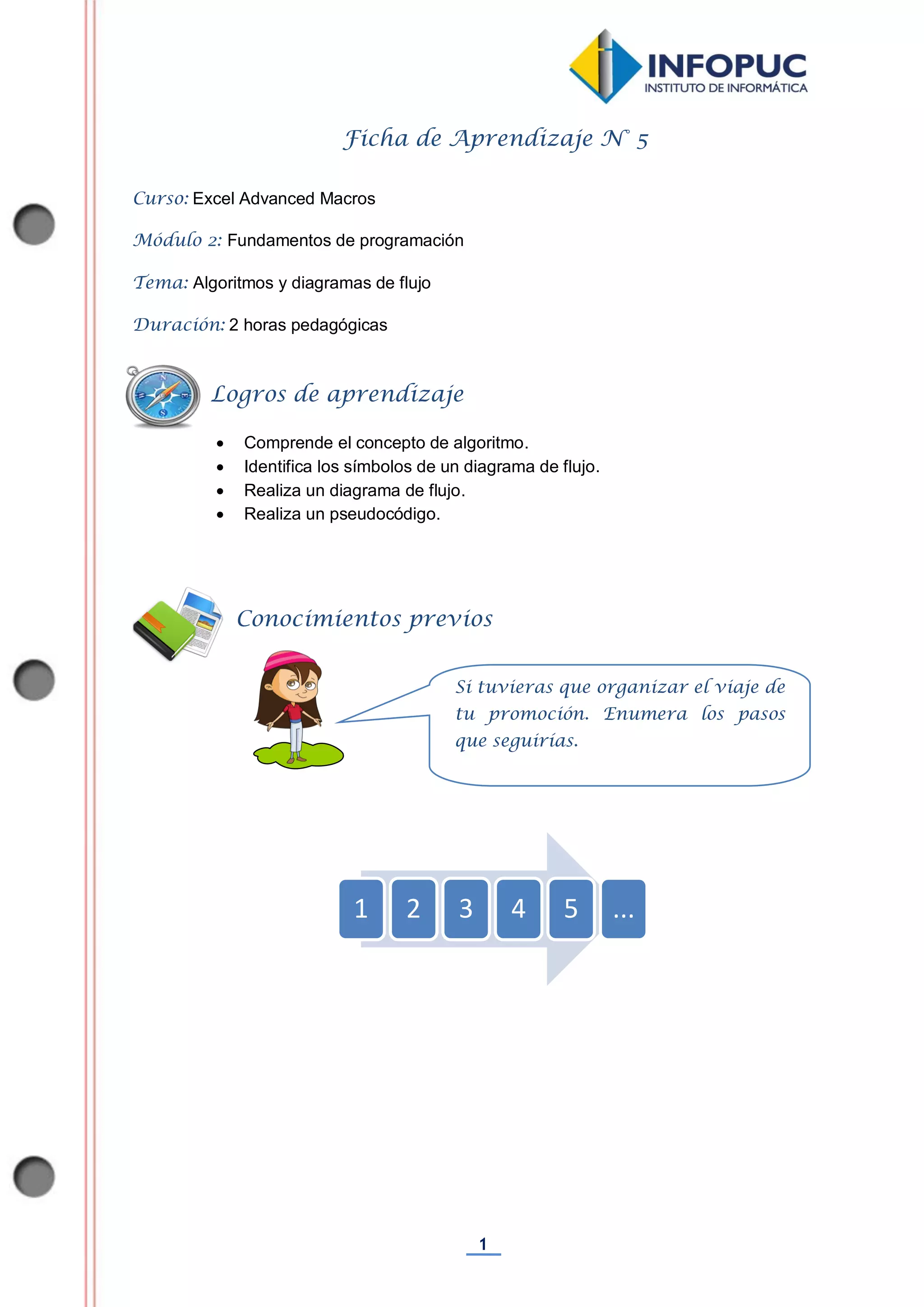 1
Ficha de Aprendizaje N° 5
Curso: Excel Advanced Macros
Módulo 2: Fundamentos de programación
Tema: Algoritmos y diagramas de flujo
Duración: 2 horas pedagógicas
 Comprende el concepto de algoritmo.
 Identifica los símbolos de un diagrama de flujo.
 Realiza un diagrama de flujo.
 Realiza un pseudocódigo.
1 2 3 4 5 ...
Conocimientos previos
Logros de aprendizaje
Si tuvieras que organizar el viaje de
tu promoción. Enumera los pasos
que seguirías.
 