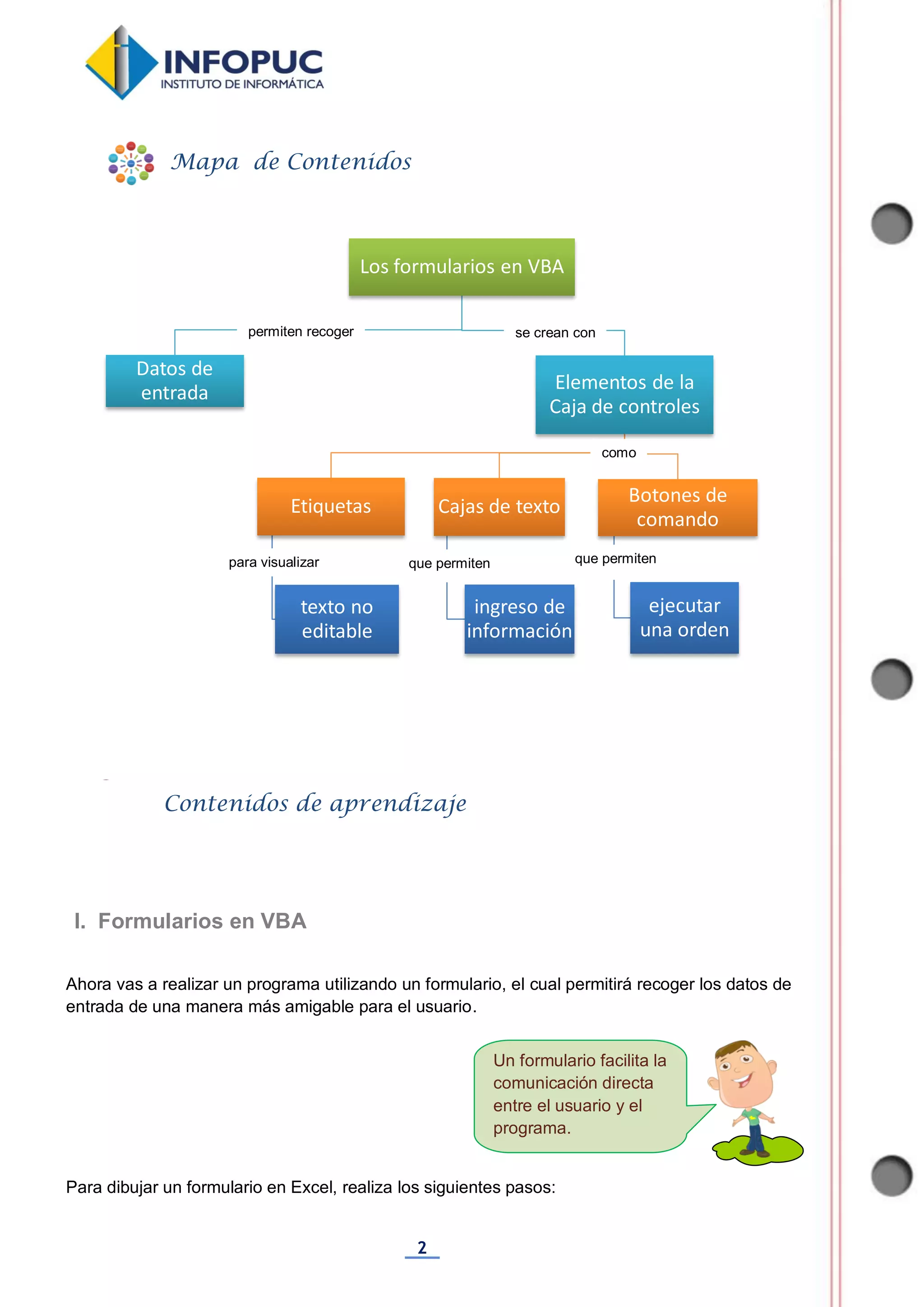 2
Un formulario facilita la
comunicación directa
entre el usuario y el
programa.
Ahora vas a realizar un programa utilizando un formulario, el cual permitirá recoger los datos de
entrada de una manera más amigable para el usuario.
Para dibujar un formulario en Excel, realiza los siguientes pasos:
Los formularios en VBA
Datos de
entrada Elementos de la
Caja de controles
Etiquetas
texto no
editable
Cajas de texto
ingreso de
información
Botones de
comando
ejecutar
una orden
Mapa de Contenidos
Contenidos de aprendizaje
I. Formularios en VBA
permiten recoger se crean con
para visualizar que permiten que permiten
como
 