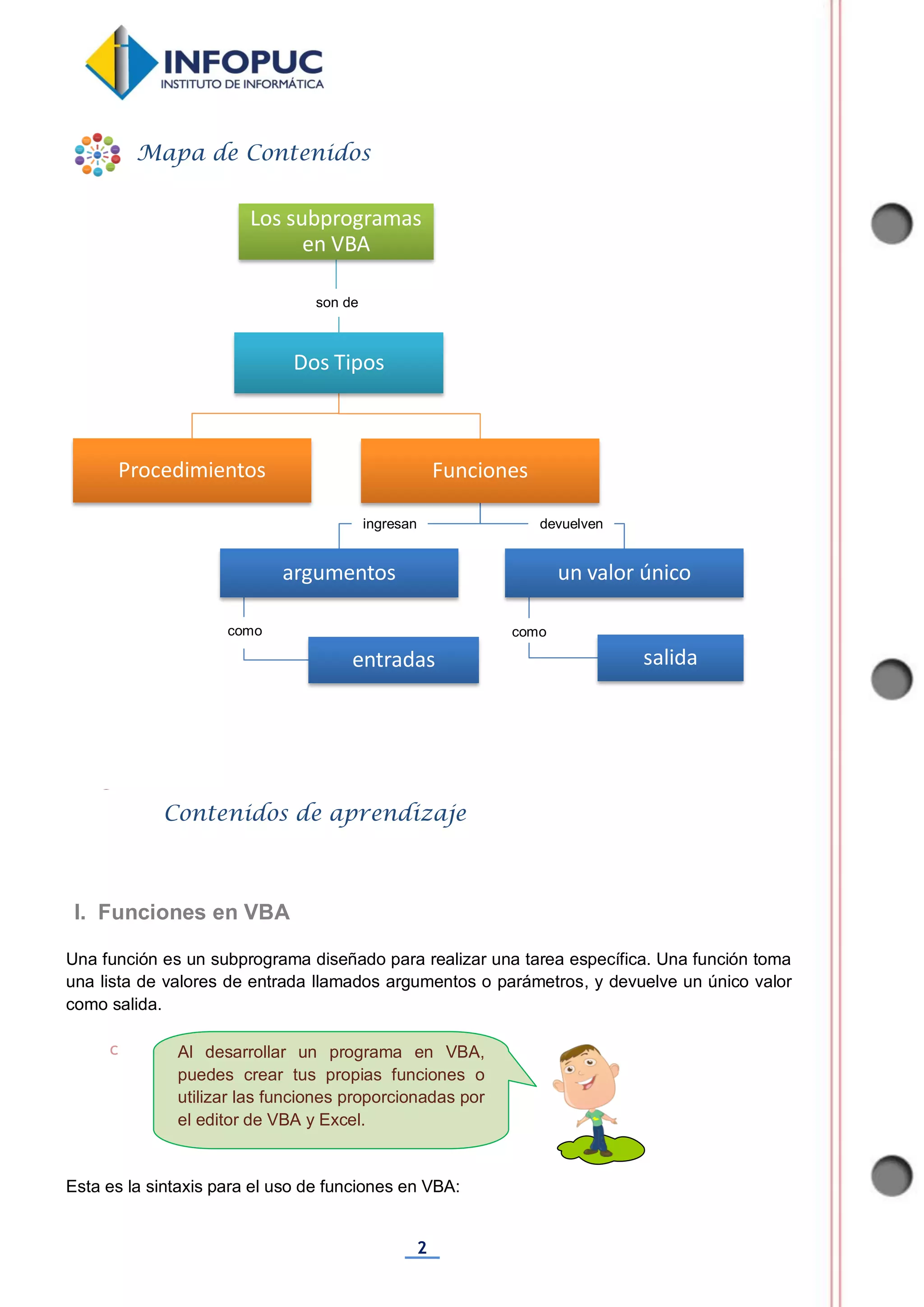 2
Al desarrollar un programa en VBA,
puedes crear tus propias funciones o
utilizar las funciones proporcionadas por
el editor de VBA y Excel.
Una función es un subprograma diseñado para realizar una tarea específica. Una función toma
una lista de valores de entrada llamados argumentos o parámetros, y devuelve un único valor
como salida.
c
Esta es la sintaxis para el uso de funciones en VBA:
Los subprogramas
en VBA
Dos Tipos
Procedimientos Funciones
argumentos
entradas
un valor único
salida
Mapa de Contenidos
Contenidos de aprendizaje
I. Funciones en VBA
son de
ingresan devuelven
como como
 