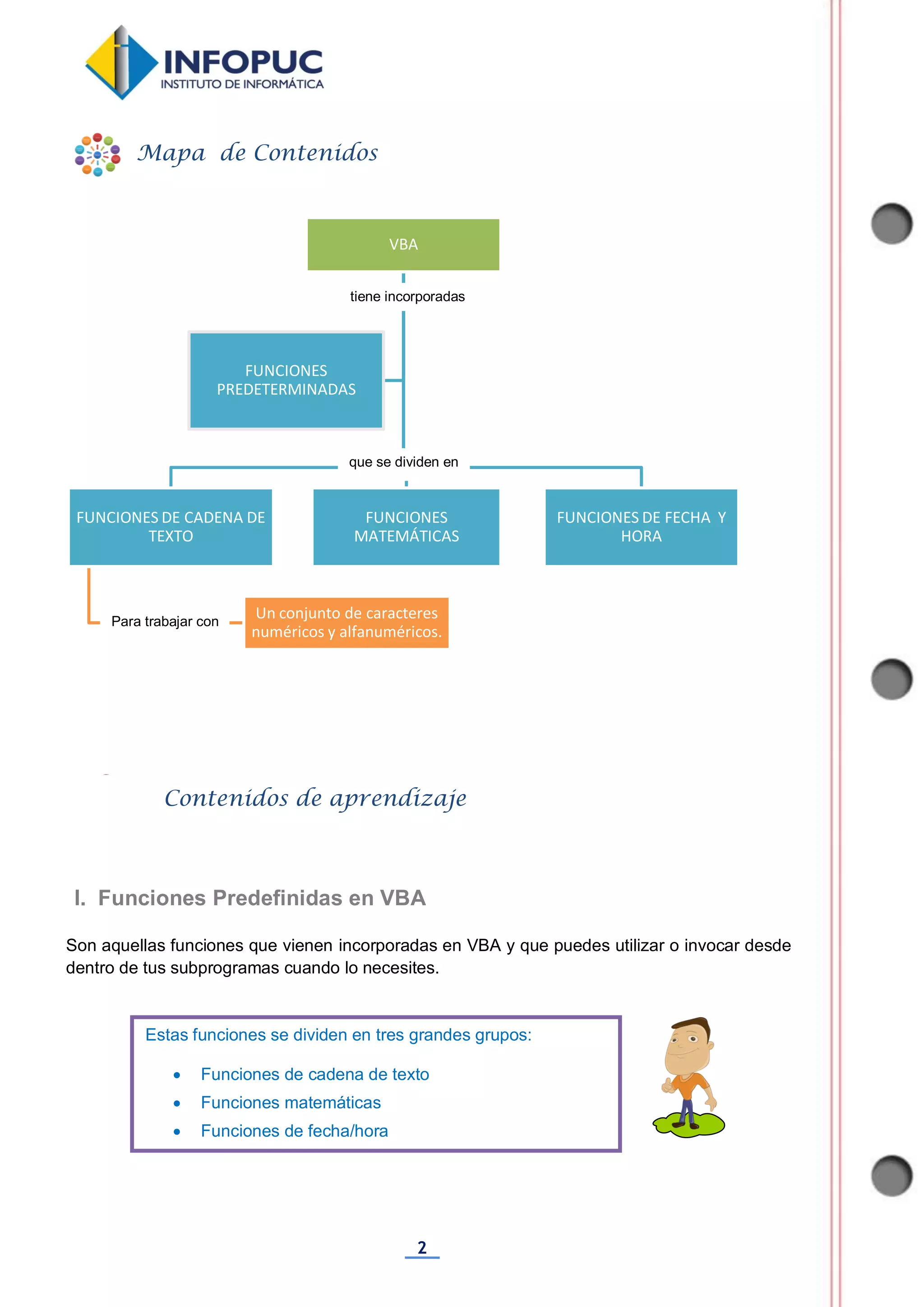 2
Son aquellas funciones que vienen incorporadas en VBA y que puedes utilizar o invocar desde
dentro de tus subprogramas cuando lo necesites.
VBA
FUNCIONES DE CADENA DE
TEXTO
Un conjunto de caracteres
numéricos y alfanuméricos.
FUNCIONES
MATEMÁTICAS
FUNCIONES DE FECHA Y
HORA
FUNCIONES
PREDETERMINADAS
Mapa de Contenidos
Contenidos de aprendizaje
I. Funciones Predefinidas en VBA
Estas funciones se dividen en tres grandes grupos:
 Funciones de cadena de texto
 Funciones matemáticas
 Funciones de fecha/hora

tiene incorporadas
que se dividen en
Para trabajar con
 