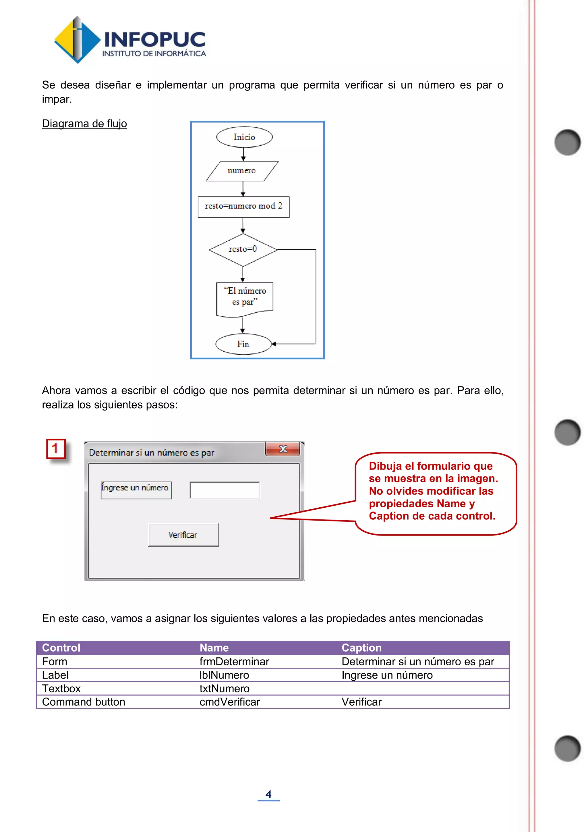 4
Se desea diseñar e implementar un programa que permita verificar si un número es par o
impar.
Diagrama de flujo
Ahora vamos a escribir el código que nos permita determinar si un número es par. Para ello,
realiza los siguientes pasos:
En este caso, vamos a asignar los siguientes valores a las propiedades antes mencionadas
Control Name Caption
Form frmDeterminar Determinar si un número es par
Label lblNumero Ingrese un número
Textbox txtNumero
Command button cmdVerificar Verificar
Dibuja el formulario que
se muestra en la imagen.
No olvides modificar las
propiedades Name y
Caption de cada control.
 