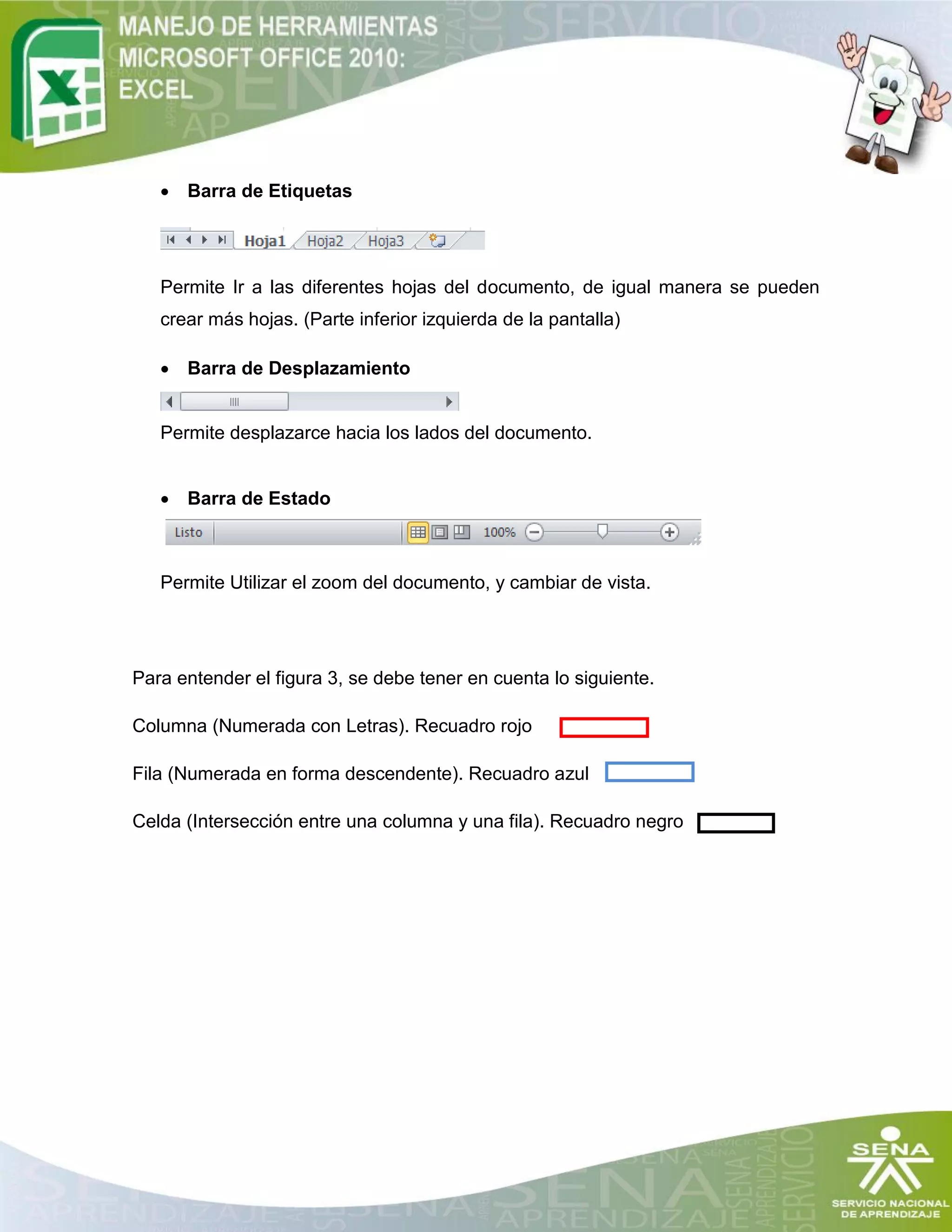  Barra de Etiquetas
Permite Ir a las diferentes hojas del documento, de igual manera se pueden
crear más hojas. (Parte inferior izquierda de la pantalla)
 Barra de Desplazamiento
Permite desplazarce hacia los lados del documento.
 Barra de Estado
Permite Utilizar el zoom del documento, y cambiar de vista.
Para entender el figura 3, se debe tener en cuenta lo siguiente.
Columna (Numerada con Letras). Recuadro rojo
Fila (Numerada en forma descendente). Recuadro azul
Celda (Intersección entre una columna y una fila). Recuadro negro
 