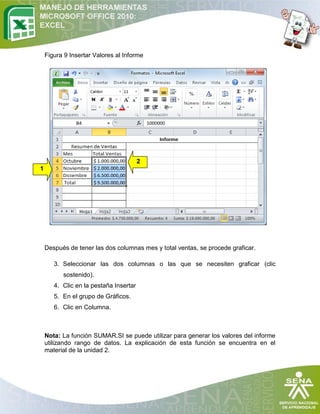 Figura 9 Insertar Valores al Informe

2
1

Después de tener las dos columnas mes y total ventas, se procede graficar.
3. Seleccionar las dos columnas o las que se necesiten graficar (clic
sostenido).
4. Clic en la pestaña Insertar
5. En el grupo de Gráficos.
6. Clic en Columna.

Nota: La función SUMAR.SI se puede utilizar para generar los valores del informe
utilizando rango de datos. La explicación de esta función se encuentra en el
material de la unidad 2.

 