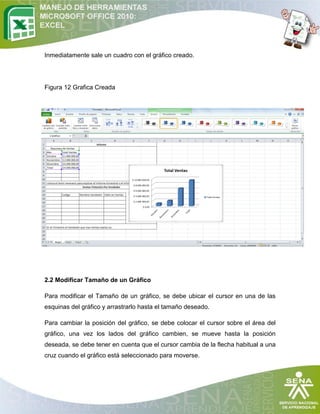 Inmediatamente sale un cuadro con el gráfico creado.

Figura 12 Grafica Creada

2.2 Modificar Tamaño de un Gráfico
Para modificar el Tamaño de un gráfico, se debe ubicar el cursor en una de las
esquinas del gráfico y arrastrarlo hasta el tamaño deseado.
Para cambiar la posición del gráfico, se debe colocar el cursor sobre el área del
gráfico, una vez los lados del gráfico cambien, se mueve hasta la posición
deseada, se debe tener en cuenta que el cursor cambia de la flecha habitual a una
cruz cuando el gráfico está seleccionado para moverse.

 