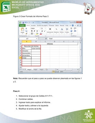 Figura 3 Crear Formato de Informe Paso 3

Nota: Recuerden que el paso a paso se puede observar plasmado en las figuras 1
y 2.

Paso 4:
1. Seleccionar el grupo de Celdas A11:F11.
2. Combinar celdas.
3. Ingresar texto para explicar el Informe.
4. Ajustar texto y alinear a la izquierda
5. Modificar el ancho de la fila.

 