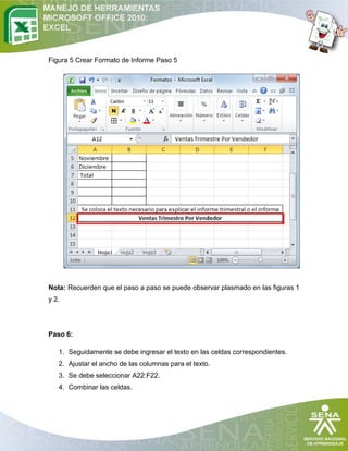 Figura 5 Crear Formato de Informe Paso 5

Nota: Recuerden que el paso a paso se puede observar plasmado en las figuras 1
y 2.

Paso 6:
1. Seguidamente se debe ingresar el texto en las celdas correspondientes.
2. Ajustar el ancho de las columnas para el texto.
3. Se debe seleccionar A22:F22.
4. Combinar las celdas.

 
