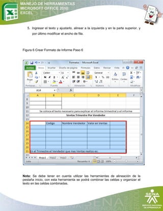 5. Ingresar el texto y ajustarlo, alinear a la izquierda y en la parte superior. y
por último modificar el ancho de fila.

Figura 6 Crear Formato de Informe Paso 6

Nota: Se debe tener en cuenta utilizar las herramientas de alineación de la
pestaña inicio, con esta herramienta se podrá combinar las celdas y organizar el
texto en las celdas combinadas.

 