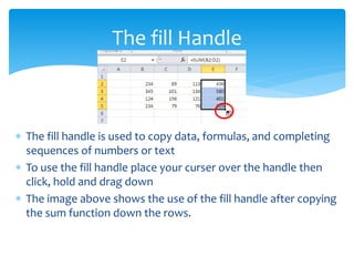  The fill handle is used to copy data, formulas, and completing
sequences of numbers or text
 To use the fill handle place your curser over the handle then
click, hold and drag down
 The image above shows the use of the fill handle after copying
the sum function down the rows.
The fill Handle
 