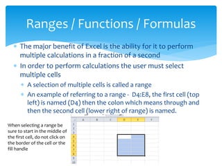  The major benefit of Excel is the ability for it to perform
multiple calculations in a fraction of a second
 In order to perform calculations the user must select
multiple cells
 A selection of multiple cells is called a range
 An example of referring to a range - D4:E8, the first cell (top
left) is named (D4) then the colon which means through and
then the second cell (lower right of range) is named.
Ranges / Functions / Formulas
When selecting a range be
sure to start in the middle of
the first cell, do not click on
the border of the cell or the
fill handle
 