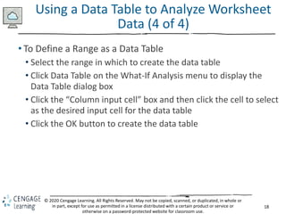 18
© 2020 Cengage Learning. All Rights Reserved. May not be copied, scanned, or duplicated, in whole or
in part, except for use as permitted in a license distributed with a certain product or service or
otherwise on a password-protected website for classroom use.
Using a Data Table to Analyze Worksheet
Data (4 of 4)
• To Define a Range as a Data Table
• Select the range in which to create the data table
• Click Data Table on the What-If Analysis menu to display the
Data Table dialog box
• Click the “Column input cell” box and then click the cell to select
as the desired input cell for the data table
• Click the OK button to create the data table
 