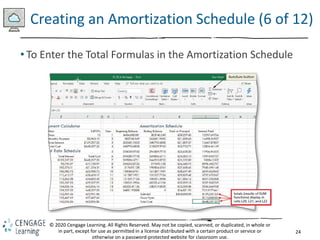 24
© 2020 Cengage Learning. All Rights Reserved. May not be copied, scanned, or duplicated, in whole or
in part, except for use as permitted in a license distributed with a certain product or service or
otherwise on a password-protected website for classroom use.
Creating an Amortization Schedule (6 of 12)
• To Enter the Total Formulas in the Amortization Schedule
 