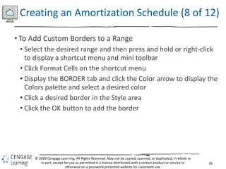 26
© 2020 Cengage Learning. All Rights Reserved. May not be copied, scanned, or duplicated, in whole or
in part, except for use as permitted in a license distributed with a certain product or service or
otherwise on a password-protected website for classroom use.
Creating an Amortization Schedule (8 of 12)
• To Add Custom Borders to a Range
• Select the desired range and then press and hold or right-click
to display a shortcut menu and mini toolbar
• Click Format Cells on the shortcut menu
• Display the BORDER tab and click the Color arrow to display the
Colors palette and select a desired color
• Click a desired border in the Style area
• Click the OK button to add the border
 