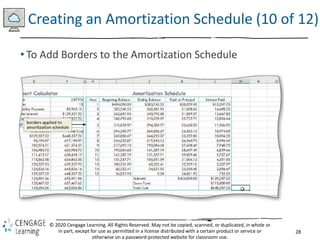 28
© 2020 Cengage Learning. All Rights Reserved. May not be copied, scanned, or duplicated, in whole or
in part, except for use as permitted in a license distributed with a certain product or service or
otherwise on a password-protected website for classroom use.
Creating an Amortization Schedule (10 of 12)
• To Add Borders to the Amortization Schedule
 