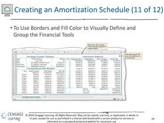 29
© 2020 Cengage Learning. All Rights Reserved. May not be copied, scanned, or duplicated, in whole or
in part, except for use as permitted in a license distributed with a certain product or service or
otherwise on a password-protected website for classroom use.
Creating an Amortization Schedule (11 of 12)
• To Use Borders and Fill Color to Visually Define and
Group the Financial Tools
 