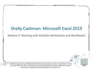 41
Shelly Cashman: Microsoft Excel 2019
Module 5: Working with Multiple Worksheets and Workbooks
© 2020 Cengage Learning. All Rights Reserved. May not be copied, scanned, or duplicated, in whole
or in part, except for use as permitted in a license distributed with a certain product or service or
otherwise on a password-protected website for classroom use.
 