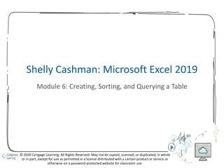 71
Shelly Cashman: Microsoft Excel 2019
Module 6: Creating, Sorting, and Querying a Table
© 2020 Cengage Learning. All Rights Reserved. May not be copied, scanned, or duplicated, in whole
or in part, except for use as permitted in a license distributed with a certain product or service or
otherwise on a password-protected website for classroom use.
 