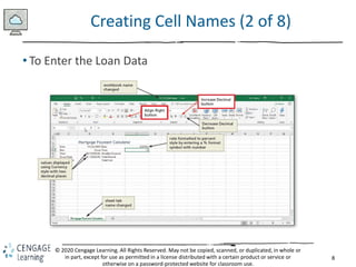 8
© 2020 Cengage Learning. All Rights Reserved. May not be copied, scanned, or duplicated, in whole or
in part, except for use as permitted in a license distributed with a certain product or service or
otherwise on a password-protected website for classroom use.
Creating Cell Names (2 of 8)
• To Enter the Loan Data
 