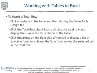 83
© 2020 Cengage Learning. All Rights Reserved. May not be copied, scanned, or duplicated, in whole or
in part, except for use as permitted in a license distributed with a certain product or service or
otherwise on a password-protected website for classroom use.
Working with Tables in Excel
• To Insert a Total Row
• Click anywhere in the table and then display the Table Tools
Design tab
• Click the Total Row check box to display the total row and
display the sum in the last column of the table
• Click the arrow on the right side of the cell to display a list of
available functions. Select the Sum function for the selected cell
in the total row
 
