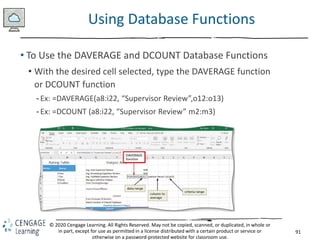 91
© 2020 Cengage Learning. All Rights Reserved. May not be copied, scanned, or duplicated, in whole or
in part, except for use as permitted in a license distributed with a certain product or service or
otherwise on a password-protected website for classroom use.
Using Database Functions
• To Use the DAVERAGE and DCOUNT Database Functions
• With the desired cell selected, type the DAVERAGE function
or DCOUNT function
-Ex: =DAVERAGE(a8:i22, “Supervisor Review”,o12:o13)
-Ex: =DCOUNT (a8:i22, “Supervisor Review” m2:m3)
 