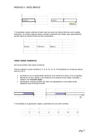MODULO 1 - EXCEL BÁSICO
pág. 7
Y el resultado cuando soltamos el botón será una serie con tantos términos como casillas
marcamos. En nuestro ejemplo hemos marcado solamente dos celdas, pero igual podemos
escribir todos los meses del año de forma automática.
CREAR SERIES NUMERICAS
Con Excel es fácil crear series numéricas.
Vamos a generar la serie numérica 2, 4, 6, 8, 10, 12, 14, 16 escribiendo en la hoja de cálculo
solo el 2 y el 4.
 Escribimos 2 en la casilla donde queremos que comience la serie y 4 en la siguiente.
 Marcamos las dos casillas y nos situamos en la esquina de las celdas marcadas y
aparece una crucecita negra.
 manteniendo pulsado el botón del ratón nos desplazamos a las celdas donde
deseamos que se escriba la serie.
Y el resultado es la generación rápida y automática de una serie numérica
 