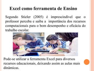 Segundo Stieler (2005) é imprescindível que o
professor perceba e saiba a importância dos recursos
computacionais para o bom desempenho e eficácia do
trabalho escolar.
Excel como ferramenta de Ensino
Pode-se utilizar a ferramenta Excel para diversos
recursos educacionais, deixando assim as aulas mais
dinâmicas.
 