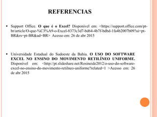 REFERENCIAS
 Support Office. O que é o Excel? Disponível em: <https://support.office.com/pt-
br/article/O-que-%C3%A9-o-Excel-8373c3d7-bd64-4b7f-bdbd-1fa4b2007b09?ui=pt-
BR&rs=pt-BR&ad=BR> Acesso em: 26 de abr 2015
 Universidade Estadual do Sudoeste da Bahia. O USO DO SOFTWARE
EXCEL NO ENSINO DO MOVIMENTO RETILÍNEO UNIFORME.
Disponível em: <http://pt.slideshare.net/Rosineide2012/o-uso-do-software-
excel-no-ensino-do-movimento-retilneo-uniforme?related=1 >Acesso em: 26
de abr 2015
 