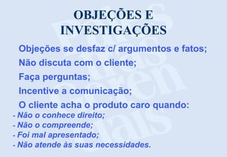 OBJEÇÕES E
INVESTIGAÇÕES
Objeções se desfaz c/ argumentos e fatos;
Não discuta com o cliente;
Faça perguntas;
Incentive a comunicação;
O cliente acha o produto caro quando:
- Não o conhece direito;
- Não o compreende;
- Foi mal apresentado;
- Não atende às suas necessidades.
 