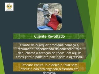 Cliente Revoltado
Diante de qualquer problema começa a
reclamar e, dependendo da educação, fala
alto, chama a atenção de todos, em alguns
casos grita e pode até partir para a agressão.
Procure escutá-lo e deixe-o falar sem
discutir, não prolongando o assunto em

 