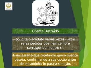 Cliente Distraído
Solicita o produto várias vezes. Faz e
refaz pedidos que nem sempre
correspondem entre si.

É necessário que repita o o que o cliente
deseja, confirmando a sua opção antes
de encaminhá-lo para a solução.

 