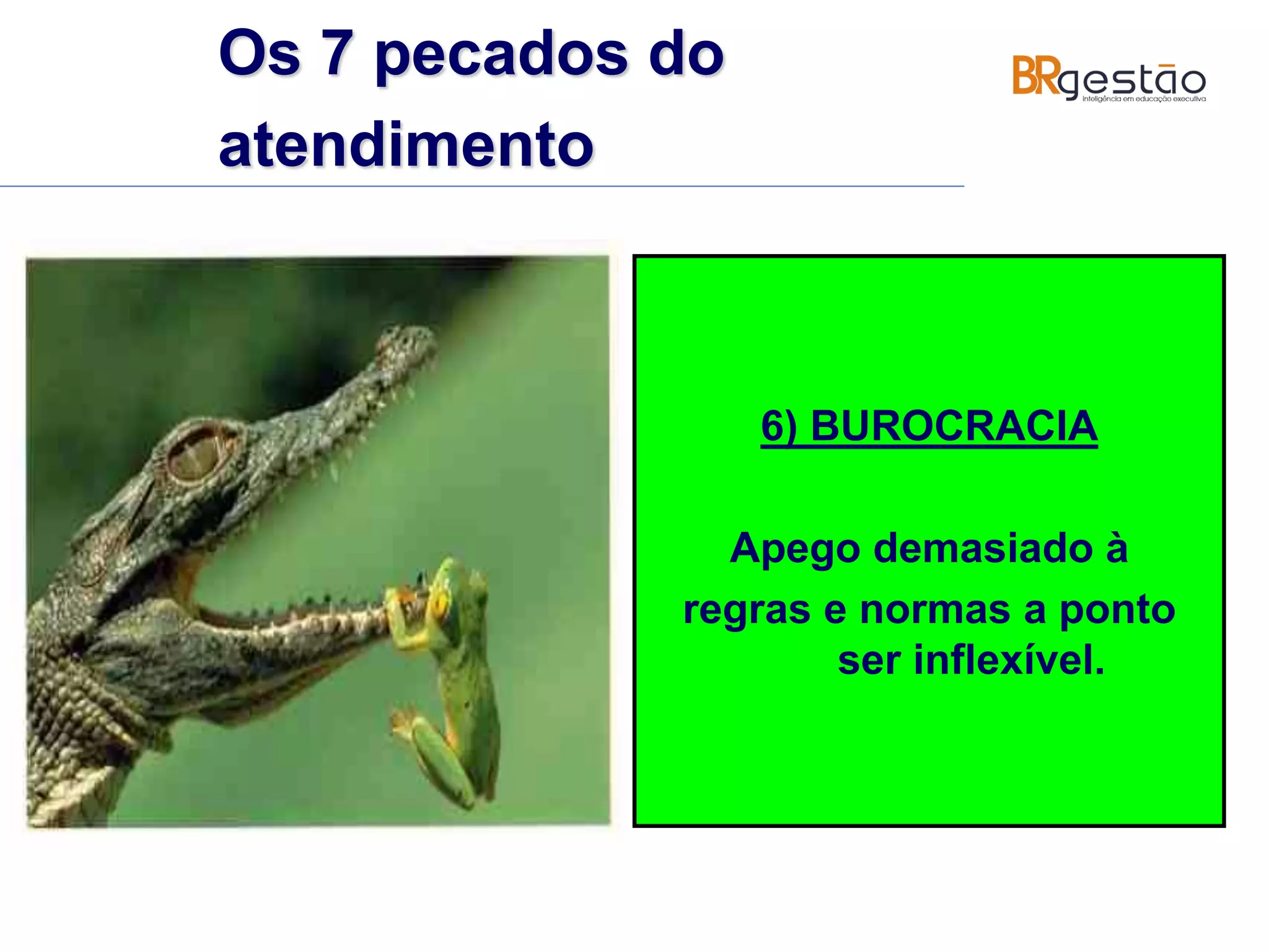6) BUROCRACIA
Apego demasiado à
regras e normas a ponto
ser inflexível.
Os 7 pecados do
atendimento
 