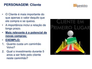 PERSONAGEM: Cliente
• O Cliente é mais importante do
que apenas o valor daquilo que
ele compra e se queixa.
• A importância inclui a relação de
longo prazo.
• Mais relevante é o potencial de
novas compras:
• EXEMPLO:
1. Quanto custa um caminhão
Volvo?
2. Qual o investimento durante 5
anos a ser feito pelo cliente
neste caminhão?
 