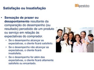 Satisfação ou Insatisfação
• Sensação de prazer ou
desapontamento resultante da
comparação do desempenho (ou
resultado) percebido de um produto
ou serviço em relação às
expectativas do comprador.
• Se o desempenho alcançar as
expectativas, o cliente ficará satisfeito.
• Se o desempenho não alcançar as
expectativas, o cliente ficará
insatisfeito.
• Se o desempenho for além das
expectativas, o cliente ficará altamente
satisfeito ou encantado.
 