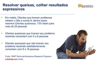 Resolver queixas, colher resultados
expressivos
• Em média, Clientes que tiveram problemas
relatam o fato a outras 9, dentre esses
mesmos Clientes queixosos, 13% falam para
mais de 20 pessoas
• Clientes queixosos que tiveram seu problema
resolvido comentam com 5 a 8 pessoas
• Clientes queixosos que não tiveram seu
problema resolvido satisfatoriamente
comentam com 8 a 16 pessoas
Fonte: TARP Technical Assistance Research Programs
e-Satisfy.com, EUA)
 