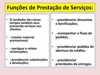 Funções de Prestação de Serviços:
• O vendedor dos novos
tempos também atua
prestando serviços aos
clientes:
• - instalar material
promocional;

• - providenciar descontos
e bonificações;
• - acompanhar o fluxo de
pedidos;

• - averiguar e relatar
reclamações;

• - providenciar pedidos de
abertura de crédito;

• - providenciar substituições
e devoluções;

• - providenciar
prioridades de entregas.

 