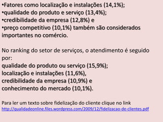 •Fatores como localização e instalações (14,1%);
•qualidade do produto e serviço (13,4%);
•credibilidade da empresa (12,8%) e
•preço competitivo (10,1%) também são considerados
importantes no comércio.
No ranking do setor de serviços, o atendimento é seguido
por:
qualidade do produto ou serviço (15,9%);
localização e instalações (11,6%),
credibilidade da empresa (10,9%) e
conhecimento do mercado (10,1%).
Para ler um texto sobre fidelização do cliente clique no link
http://qualidadeonline.files.wordpress.com/2009/12/fidelizacao-de-clientes.pdf

 