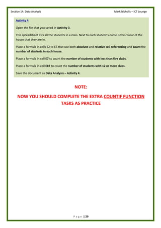 Section 14: Data Analysis Mark Nicholls – ICT Lounge
P a g e | 29
NOTE:
NOW YOU SHOULD COMPLETE THE EXTRA COUNTIF FUNCTION
TASKS AS PRACTICE
Activity 4
Open the file that you saved in Activity 3.
This spreadsheet lists all the students in a class. Next to each student’s name is the colour of the
house that they are in.
Place a formula in cells E2 to E5 that use both absolute and relative cell referencing and count the
number of students in each house.
Place a formula in cell E7 to count the number of students with less than five clubs.
Place a formula in cell E87 to count the number of students with 12 or more clubs.
Save the document as Data Analysis – Activity 4.
 
