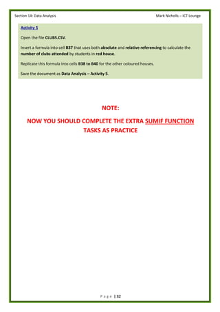 Section 14: Data Analysis Mark Nicholls – ICT Lounge
P a g e | 32
NOTE:
NOW YOU SHOULD COMPLETE THE EXTRA SUMIF FUNCTION
TASKS AS PRACTICE
Activity 5
Open the file CLUBS.CSV.
Insert a formula into cell B37 that uses both absolute and relative referencing to calculate the
number of clubs attended by students in red house.
Replicate this formula into cells B38 to B40 for the other coloured houses.
Save the document as Data Analysis – Activity 5.
 