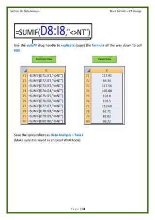 Section 14: Data Analysis Mark Nicholls – ICT Lounge
P a g e | 34
Use the autofil drag handle to replicate (copy) the formula all the way down to cell
K80.
Save the spreadsheet as Data Analysis – Task J
(Make sure it is saved as an Excel Workbook)
Formula View Value View
 