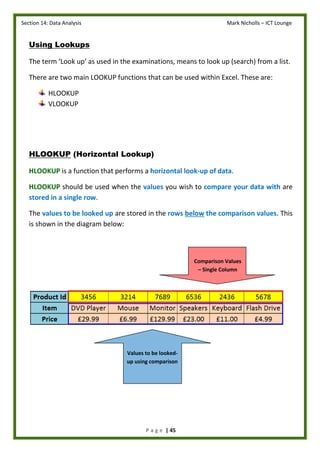 Section 14: Data Analysis Mark Nicholls – ICT Lounge
P a g e | 45
Using Lookups
The term ‘Look up’ as used in the examinations, means to look up (search) from a list.
There are two main LOOKUP functions that can be used within Excel. These are:
HLOOKUP
VLOOKUP
HLOOKUP (Horizontal Lookup)
HLOOKUP is a function that performs a horizontal look-up of data.
HLOOKUP should be used when the values you wish to compare your data with are
stored in a single row.
The values to be looked up are stored in the rows below the comparison values. This
is shown in the diagram below:
Values to be looked-
up using comparison
Comparison Values
– Single Column
 
